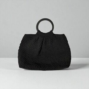 Liz Claiborne Macrame Crochet Handbag Black Wood Handles Lined 9x13x4 Boho
Retro